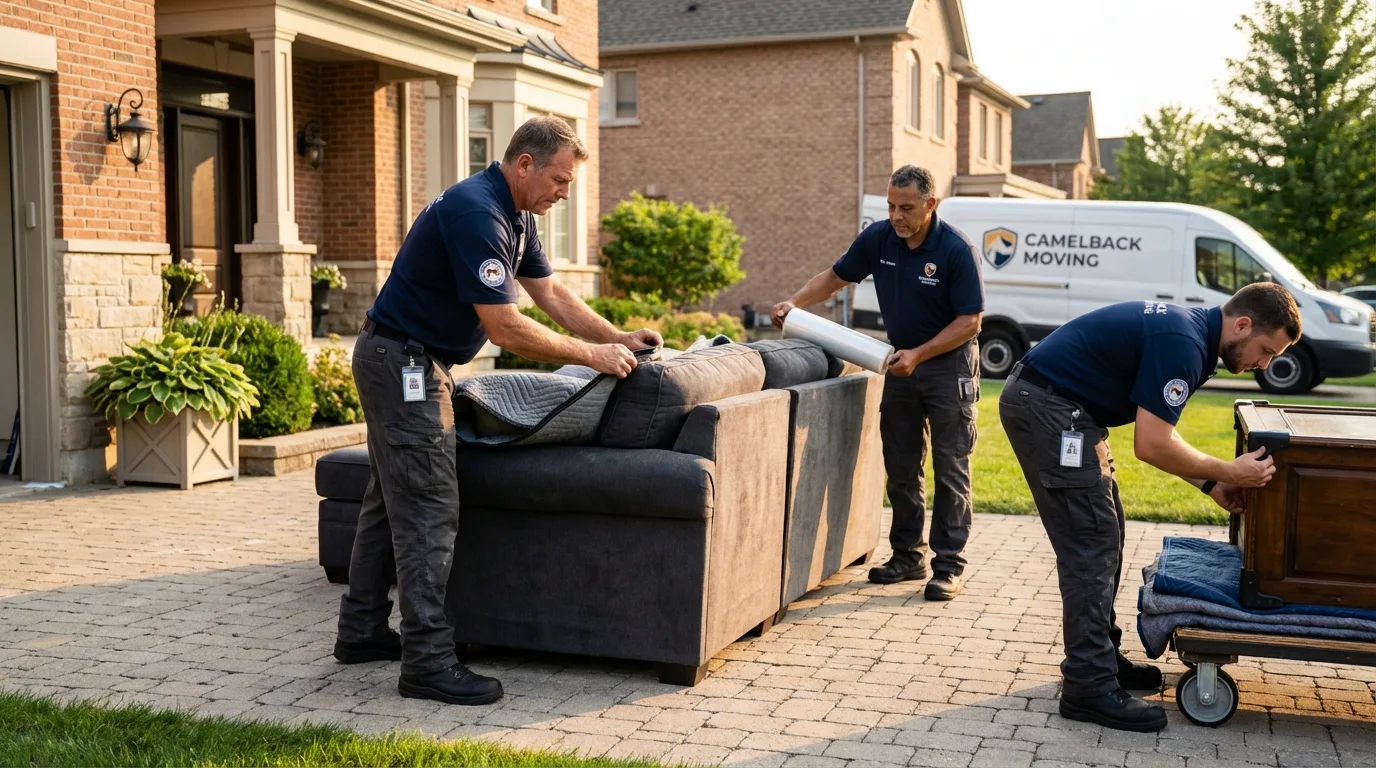 Large estate moving crew wrapping furniture in Garden City, NY