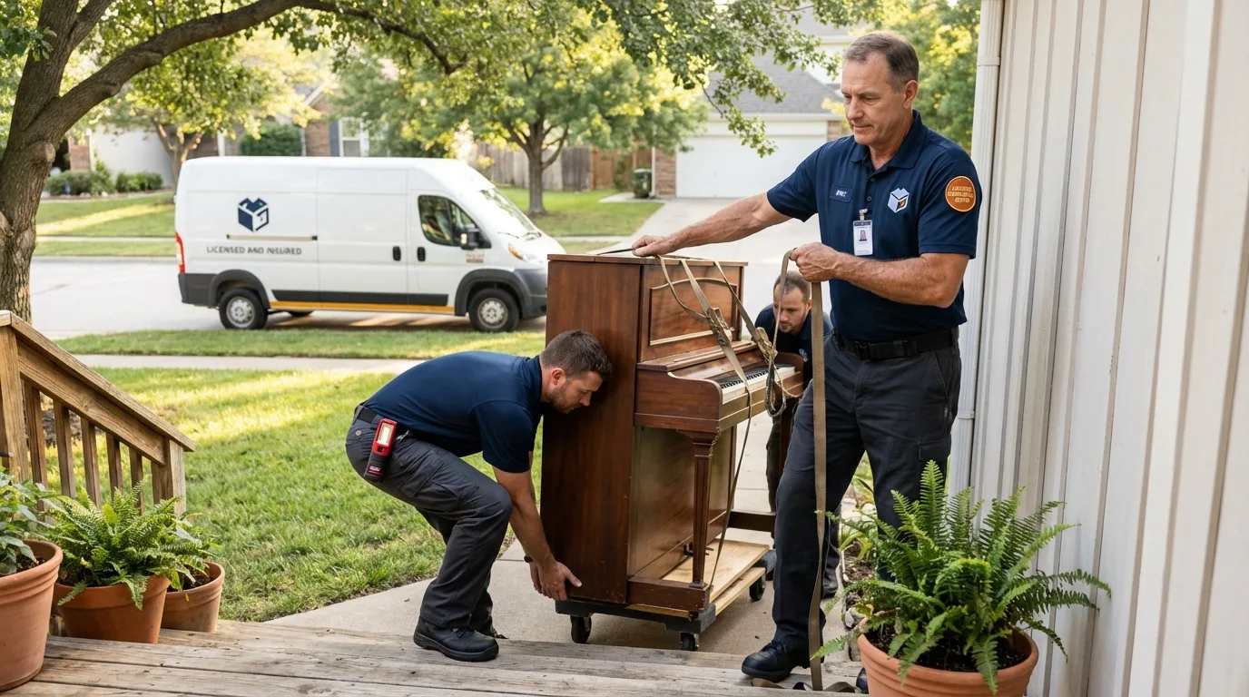 Licensed piano movers securing grand piano in Garden City, NY