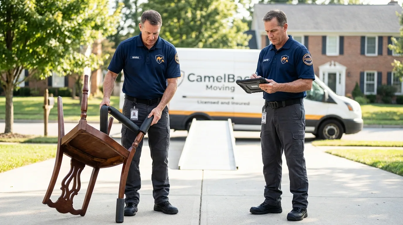 Movers inspecting furniture for damage prevention before loading in Garden City, NY