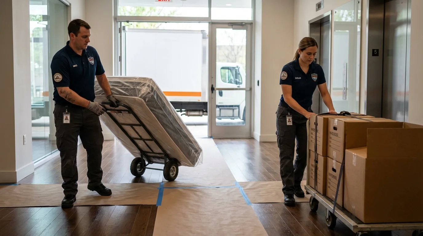 Professional apartment movers loading elevator in Garden City, NY
