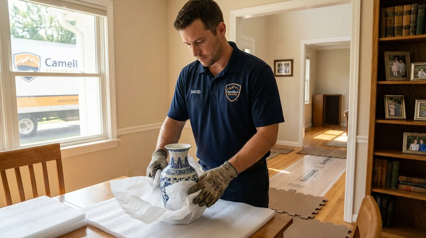 Professional crew carefully wrapping antique vase for senior downsizing move in Garden City, NY